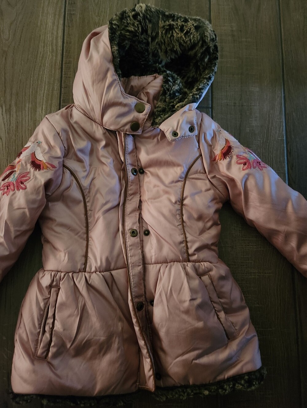 Catimini Pink Hooded Puffer Coat with Faux-Fur Trim and Embroidered Sleeves